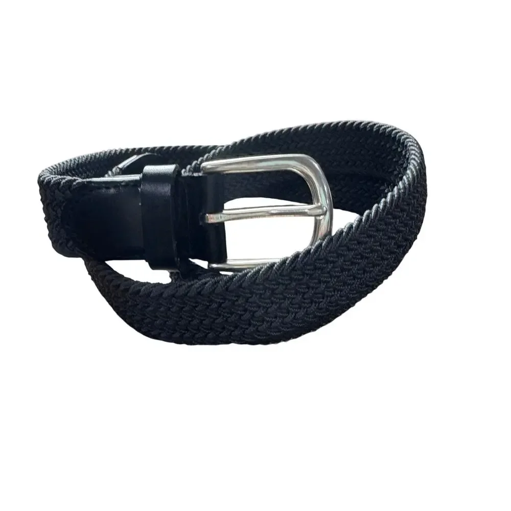 J. Crew Woven Elasticated Italian Leather Belt Adjustable Strap Black Size L NWT